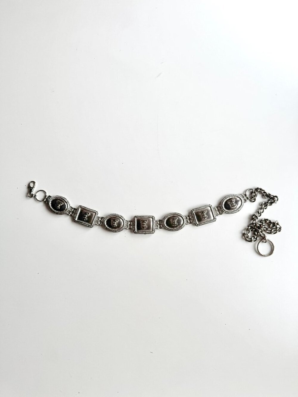 Vintage Silver Tone "TE" Embossed Heavy Medallion Chain Link Belt, One Size
